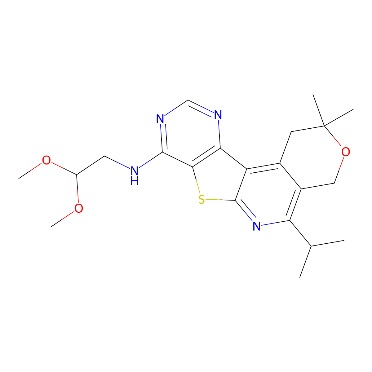 N-(2,2-dimethoxyethyl)-5-isopropyl-2,2-dimethyl-2,4-dihydro-1H-pyrano[4'',3'':4',5']pyrido[3',2':4,5]thieno[3,2-d]pyrimidin-8-amine molecular structure, CAS 844465-23-2