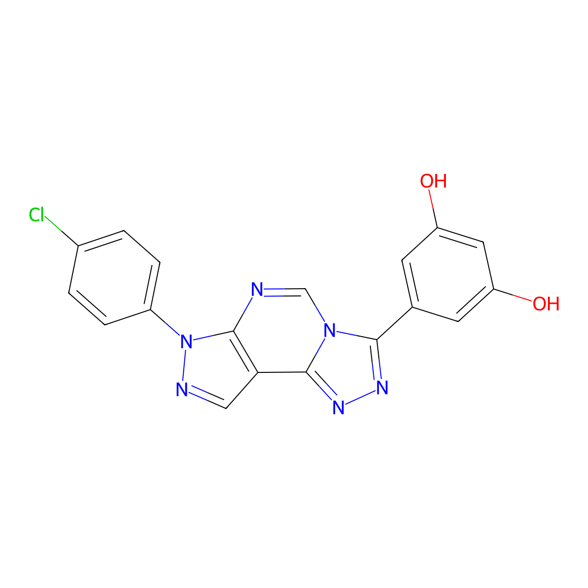 5-[7-(4-chlorophenyl)-7H-pyrazolo[4,3-e][1,2,4]triazolo[4,3-c]pyrimidin-3-yl]benzene-1,3-diol molecular structure, CAS 844465-73-2