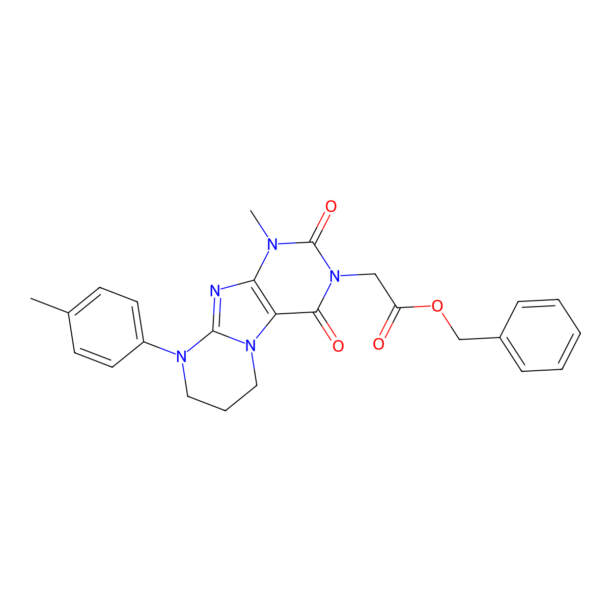 benzyl 2-[1-methyl-9-(4-methylphenyl)-2,4-dioxo-1H,2H,3H,4H,6H,7H,8H,9H-pyrimido[1,2-g]purin-3-yl]acetate molecular structure, CAS 844465-78-7
