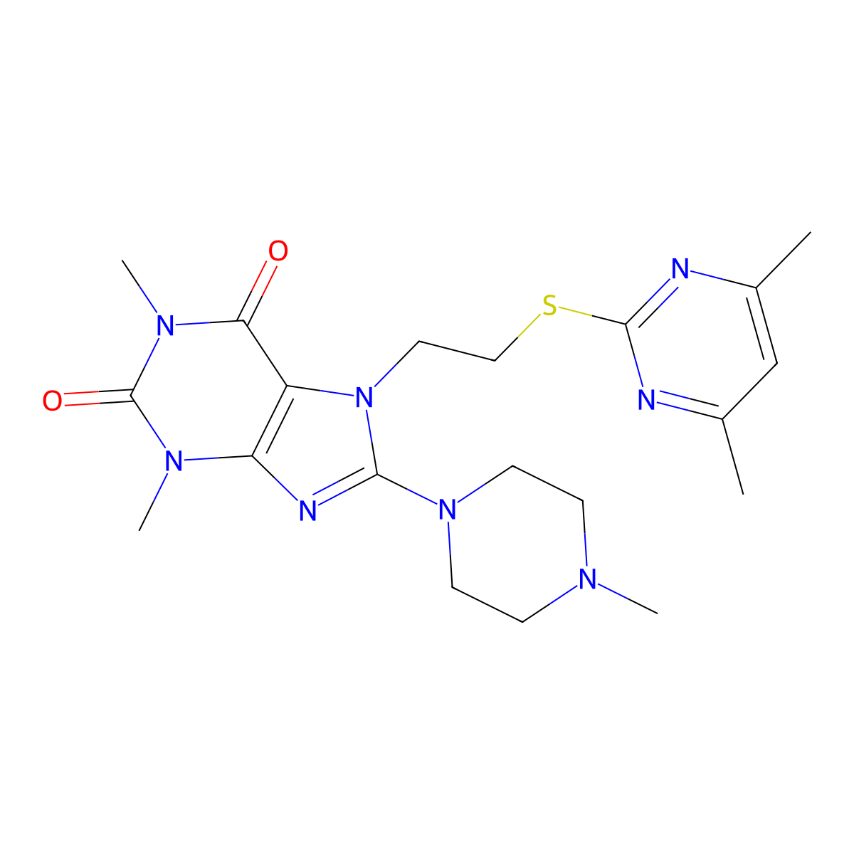 7-[2-(4,6-Dimethylpyrimidin-2-yl)sulfanylethyl]-1,3-dimethyl-8-(4-methylpiperazin-1-yl)purine-2,6-dione molecular structure, CAS 844466-03-1