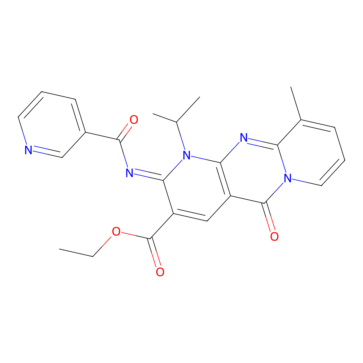 ethyl 1-isopropyl-10-methyl-5-oxo-2-[(3-pyridinylcarbonyl)imino]-1,5-dihydro-2H-dipyrido[1,2-a:2,3-d]pyrimidine-3-carboxylate molecular structure, CAS 844466-14-4