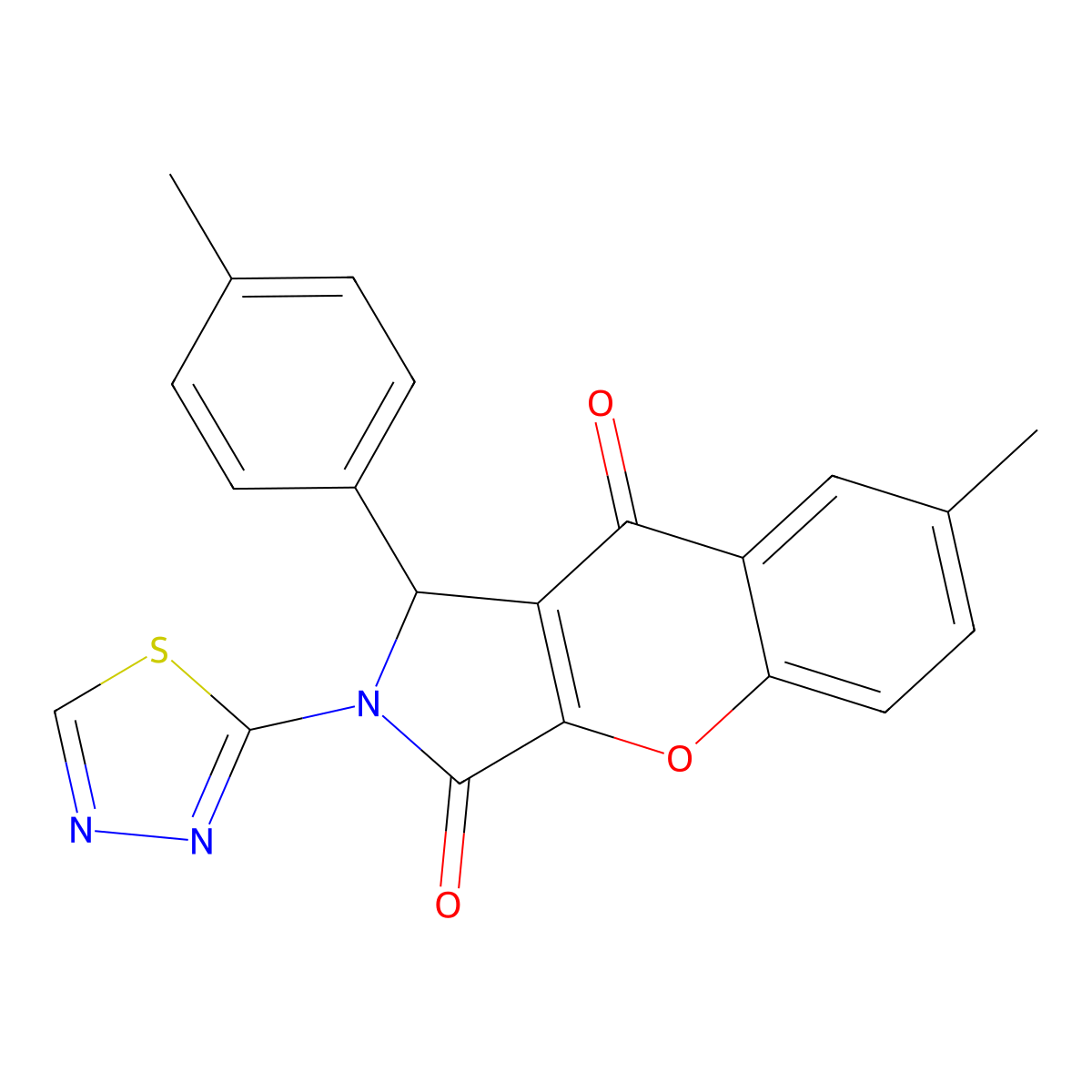 7-Methyl-1-(4-methylphenyl)-2-(1,3,4-thiadiazol-2-yl)-1,2-dihydrochromeno[2,3-c]pyrrole-3,9-dione molecular structure, CAS 844645-37-0