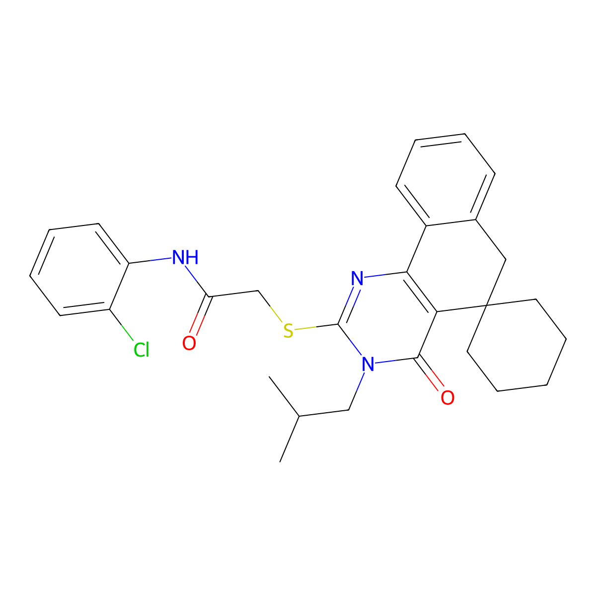 N-(2-chlorophenyl)-2-[3-(2-methylpropyl)-4-oxospiro[6H-benzo[h]quinazoline-5,1'-cyclohexane]-2-yl]sulfanylacetamide molecular structure, CAS 844647-35-4