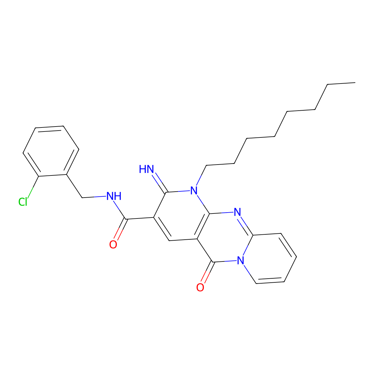 N-[(2-chlorophenyl)methyl](2-imino-1-octyl-5-oxo(1,6-dihydropyridino[1,2-a]pyr idino[2,3-d]pyrimidin-3-yl))carboxamide molecular structure, CAS 844648-12-0