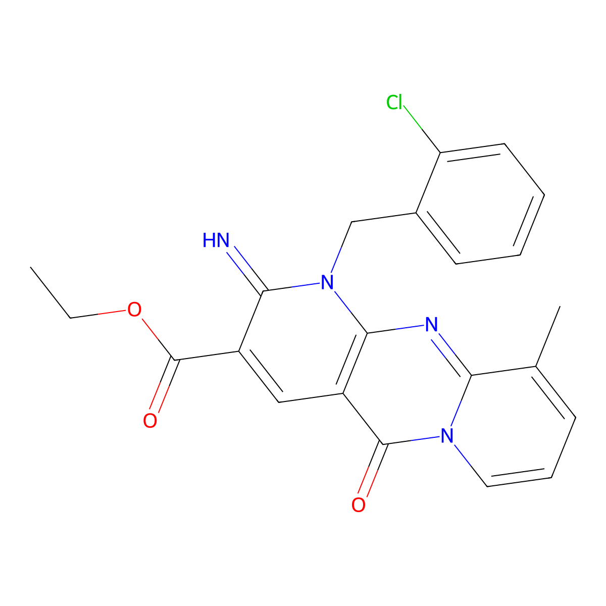ethyl 1-(2-chlorobenzyl)-2-imino-10-methyl-5-oxo-1,5-dihydro-2H-dipyrido[1,2-a:2,3-d]pyrimidine-3-carboxylate molecular structure, CAS 844648-86-8
