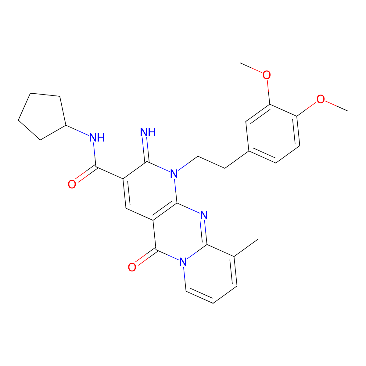 N-cyclopentyl-1-[2-(3,4-dimethoxyphenyl)ethyl]-2-imino-10-methyl-5-oxo-1,5-dihydro-2H-dipyrido[1,2-a:2',3'-d]pyrimidine-3-carboxamide molecular structure, CAS 844649-20-3
