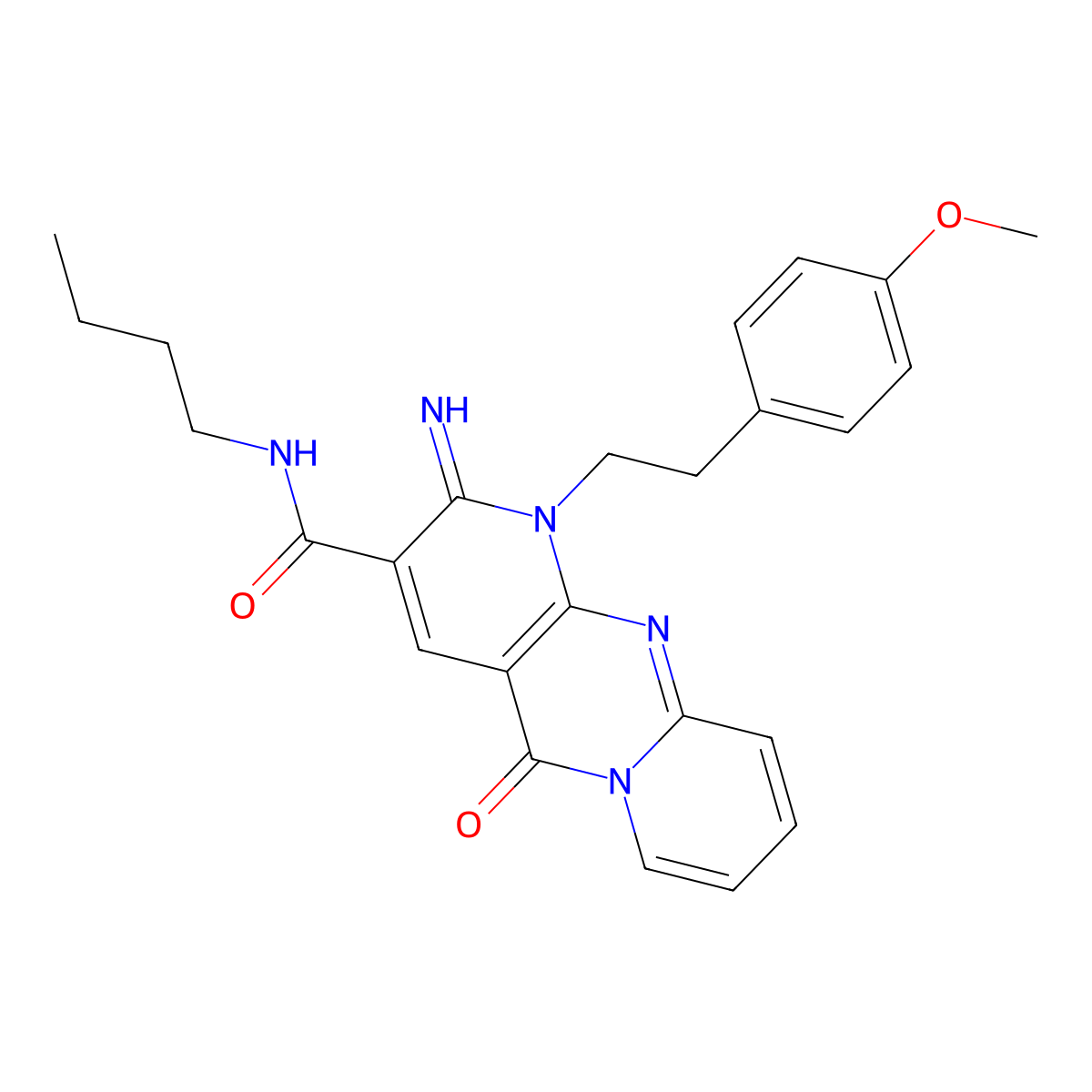 N~3~-butyl-2-imino-1-(4-methoxyphenethyl)-5-oxo-1,5-dihydro-2H-dipyrido[1,2-a:2,3-d]pyrimidine-3-carboxamide molecular structure, CAS 844649-72-5