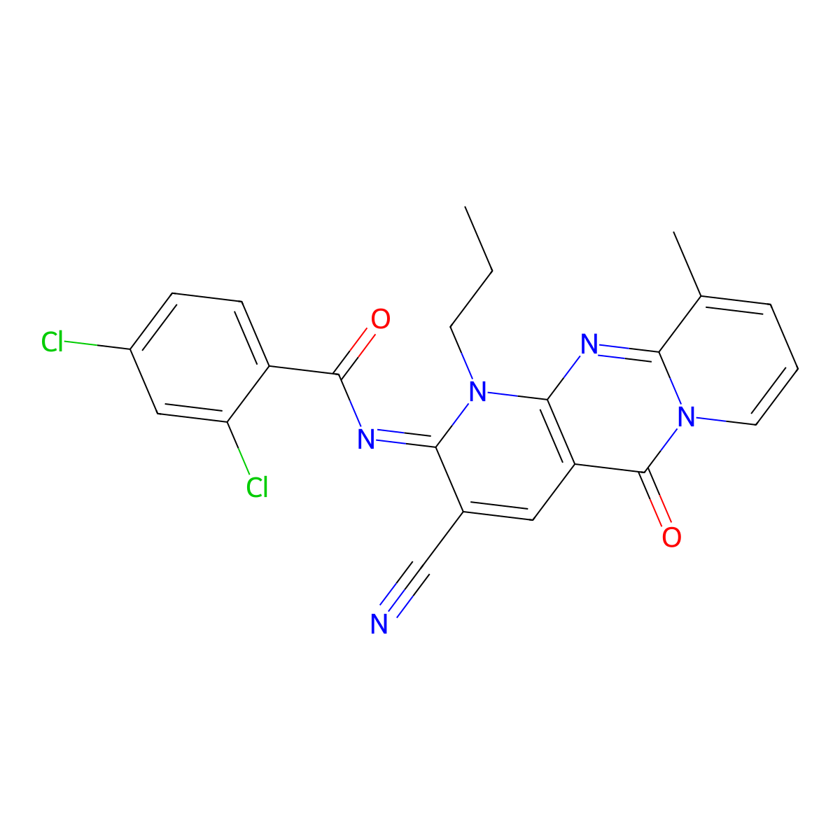 (E)-2,4-dichloro-N-(3-cyano-10-methyl-5-oxo-1-propyl-1H-dipyrido[1,2-a:2',3'-d]pyrimidin-2(5H)-ylidene)benzamide molecular structure, CAS 844650-09-5