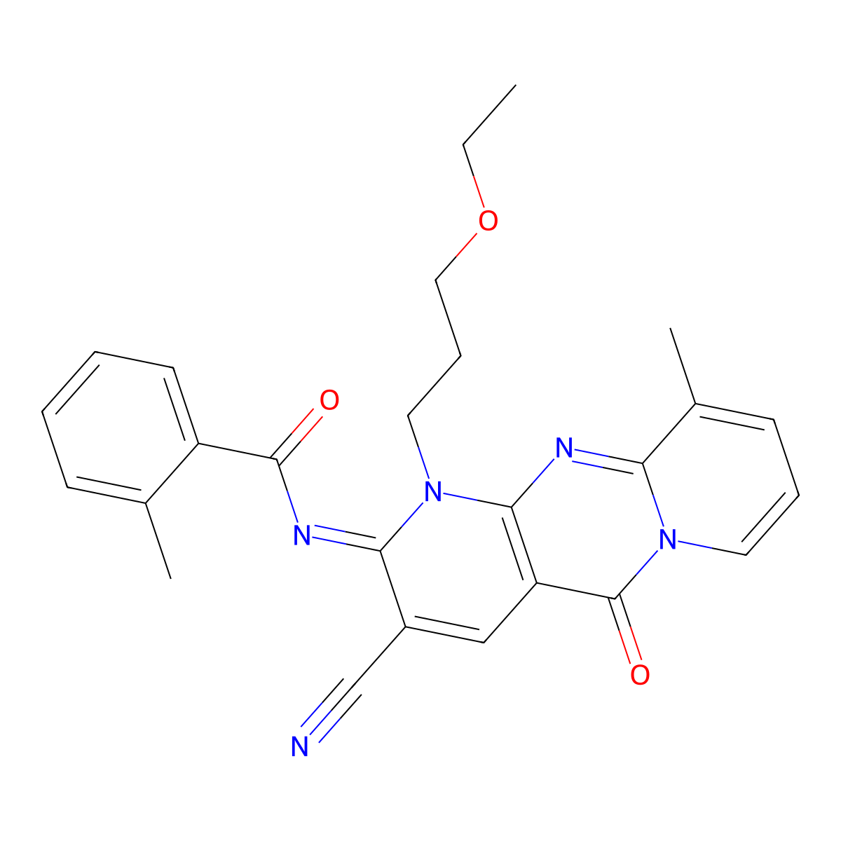 N-[3-cyano-1-(3-ethoxypropyl)-10-methyl-5-oxo-1,5-dihydro-2H-dipyrido[1,2-a:2,3-d]pyrimidin-2-ylidene]-2-methylbenzamide molecular structure, CAS 844650-85-7