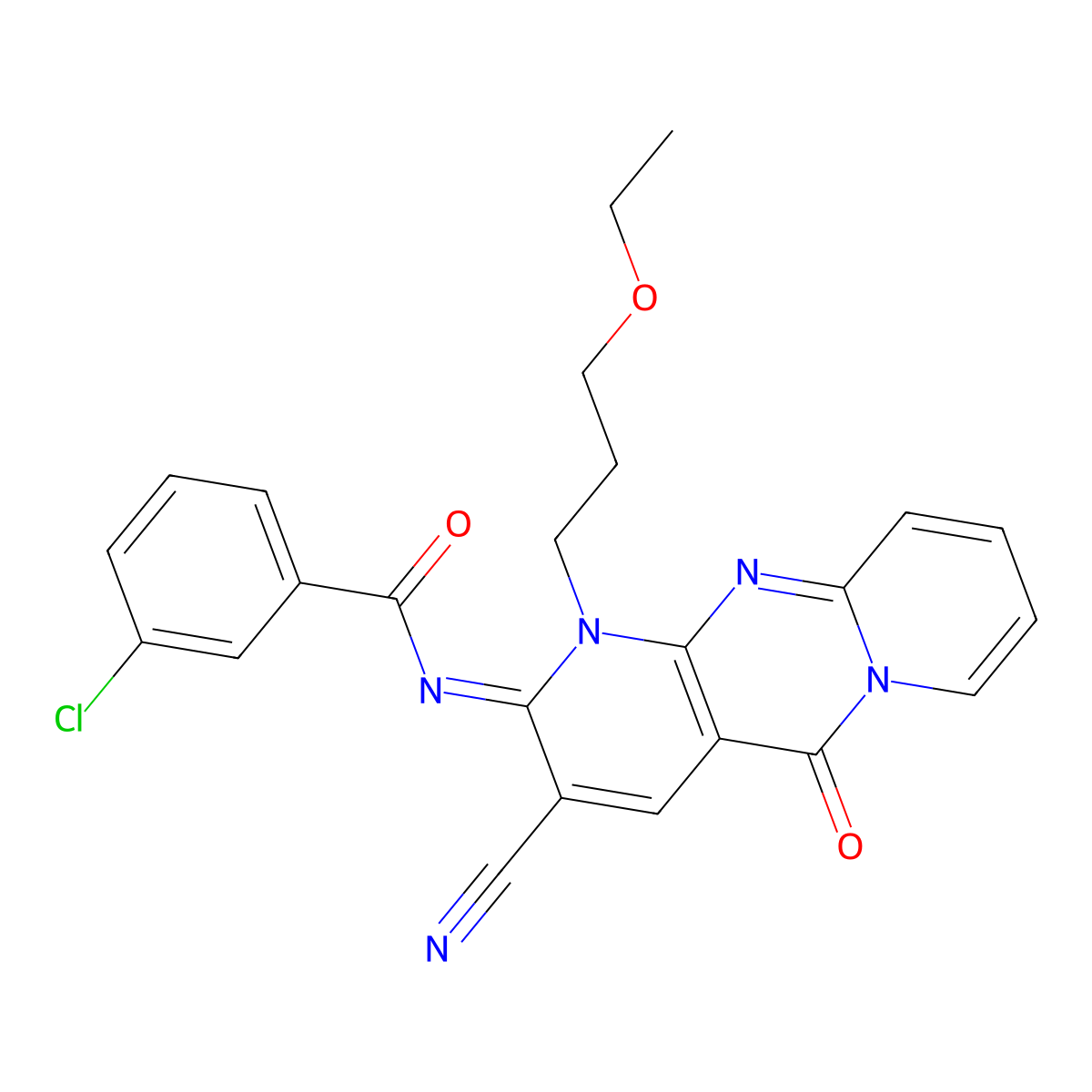 3-chloro-N-[3-cyano-1-(3-ethoxypropyl)-5-oxo-1,5-dihydro-2H-dipyrido[1,2-a:2,3-d]pyrimidin-2-ylidene]benzamide molecular structure, CAS 844651-06-5