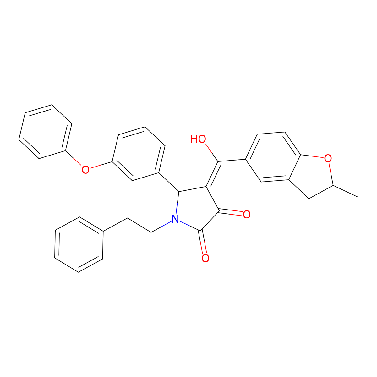 4-[Hydroxy-(2-methyl-2,3-dihydro-1-benzofuran-5-yl)methylidene]-5-(3-phenoxyphenyl)-1-(2-phenylethyl)pyrrolidine-2,3-dione molecular structure, CAS 844651-66-7