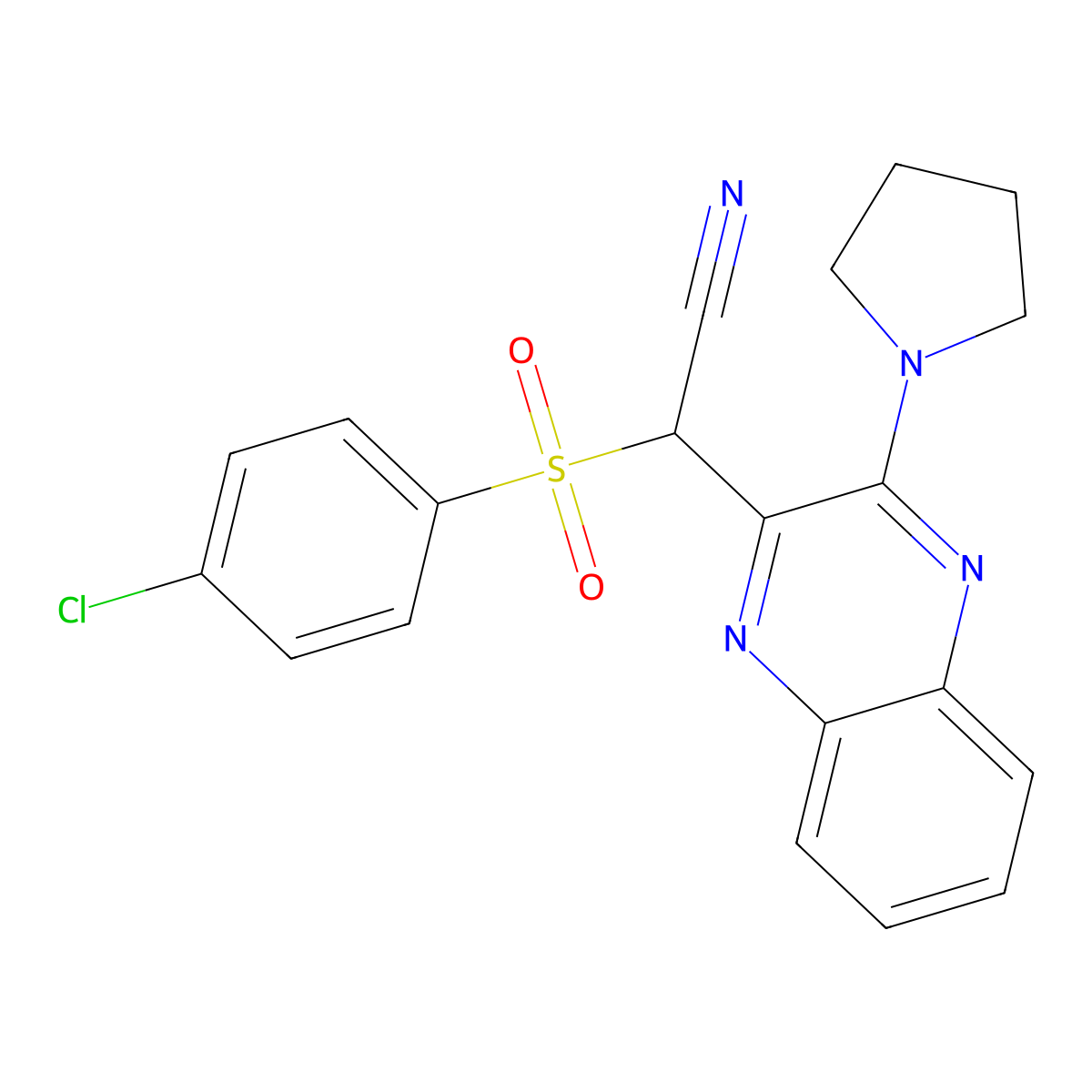 2-((4-Chlorophenyl)sulfonyl)-2-(3-(pyrrolidin-1-yl)quinoxalin-2-yl)acetonitrile molecular structure, CAS 844651-78-1