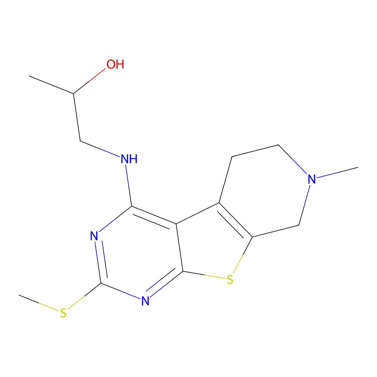 1-{[7-Methyl-2-(methylsulfanyl)-5,6,7,8-tetrahydropyrido[4',3':4,5]thieno[2,3-d]pyrimidin-4-yl]amino}propan-2-ol molecular structure, CAS 844651-82-7