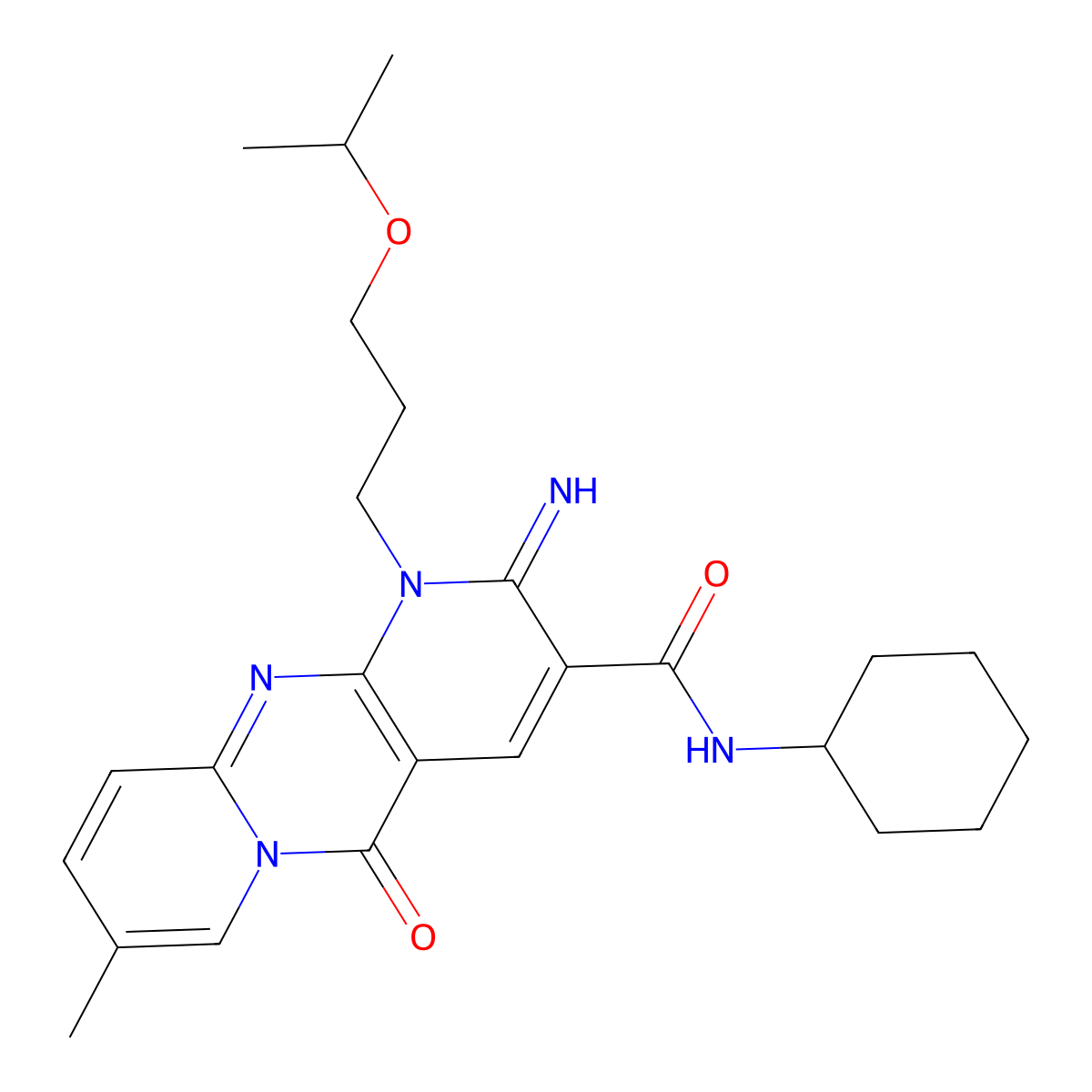N~3~-cyclohexyl-2-imino-1-(3-isopropoxypropyl)-8-methyl-5-oxo-1,5-dihydro-2H-dipyrido[1,2-a:2,3-d]pyrimidine-3-carboxamide molecular structure, CAS 844651-90-7