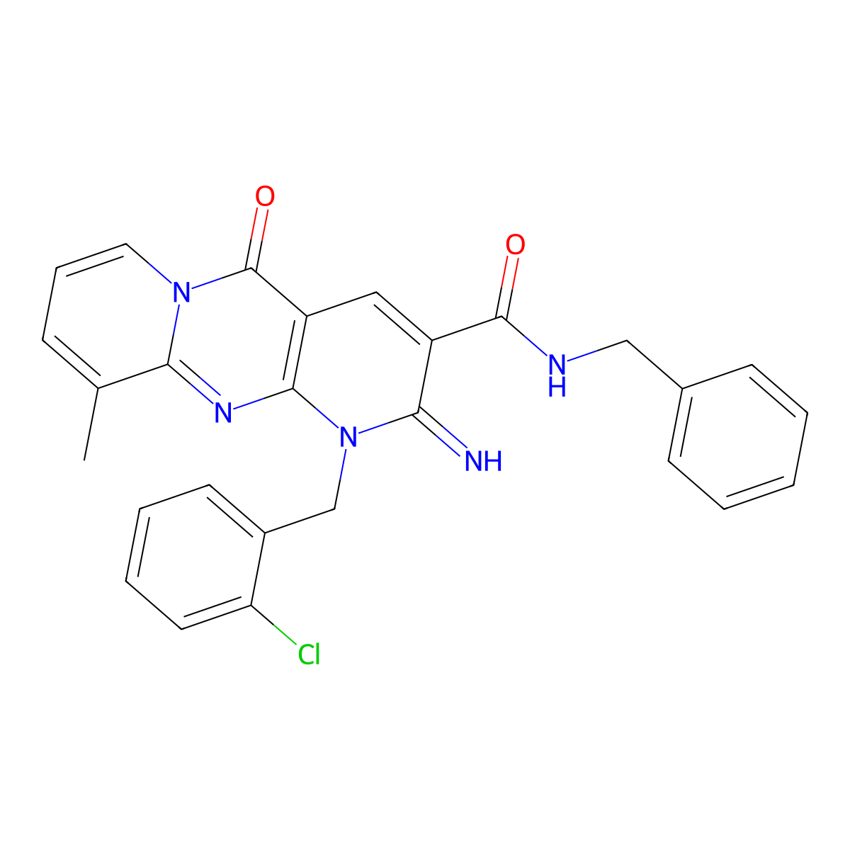 N-benzyl-7-[(2-chlorophenyl)methyl]-6-imino-11-methyl-2-oxo-1,7,9-triazatricyclo[8.4.0.0^{3,8}]tetradeca-3(8),4,9,11,13-pentaene-5-carboxamide molecular structure, CAS 844652-01-3