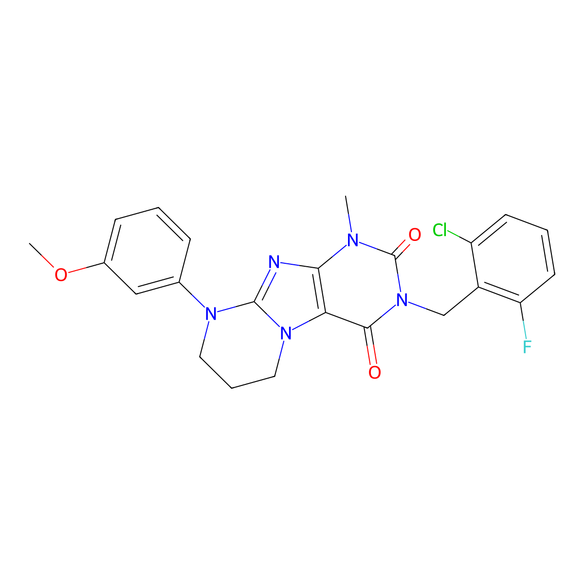 3-[(2-chloro-6-fluorophenyl)methyl]-9-(3-methoxyphenyl)-1-methyl-1H,2H,3H,4H,6H,7H,8H,9H-pyrimido[1,2-g]purine-2,4-dione molecular structure, CAS 844652-47-7