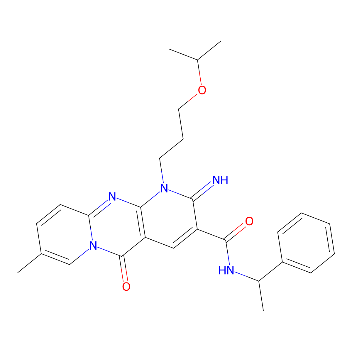 6-imino-13-methyl-2-oxo-N-(1-phenylethyl)-7-[3-(propan-2-yloxy)propyl]-1,7,9-triazatricyclo[8.4.0.0^{3,8}]tetradeca-3(8),4,9,11,13-pentaene-5-carboxamide molecular structure, CAS 844652-50-2