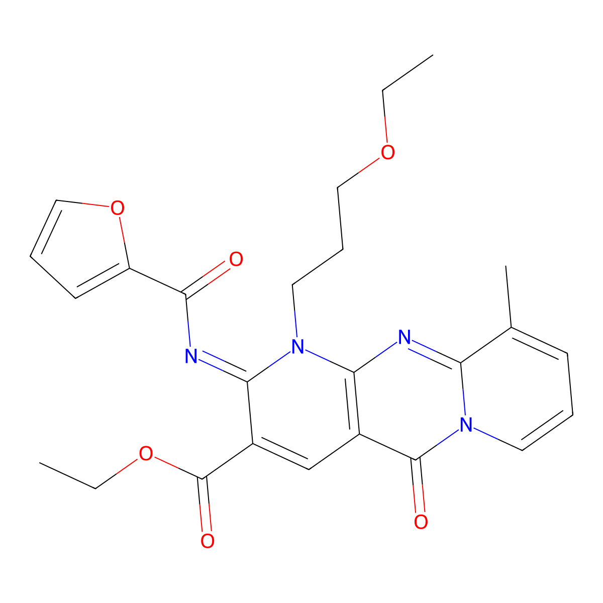 1-(3-Ethoxypropyl)-2-[2-furanyl(oxo)methyl]imino-10-methyl-5-oxo-3-dipyrido[3,4-c:1',2'-f]pyrimidinecarboxylic acid ethyl ester molecular structure, CAS 844652-53-5