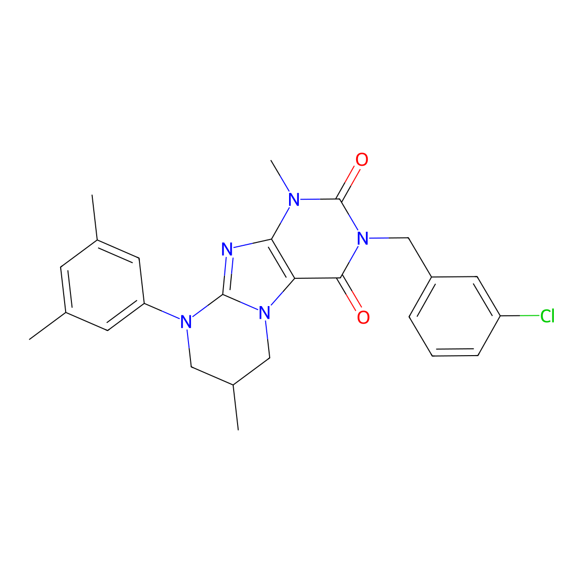 3-(3-chlorobenzyl)-9-(3,5-dimethylphenyl)-1,7-dimethyl-6,7,8,9-tetrahydropyrimido[2,1-f]purine-2,4(1H,3H)-dione molecular structure, CAS 844652-82-0
