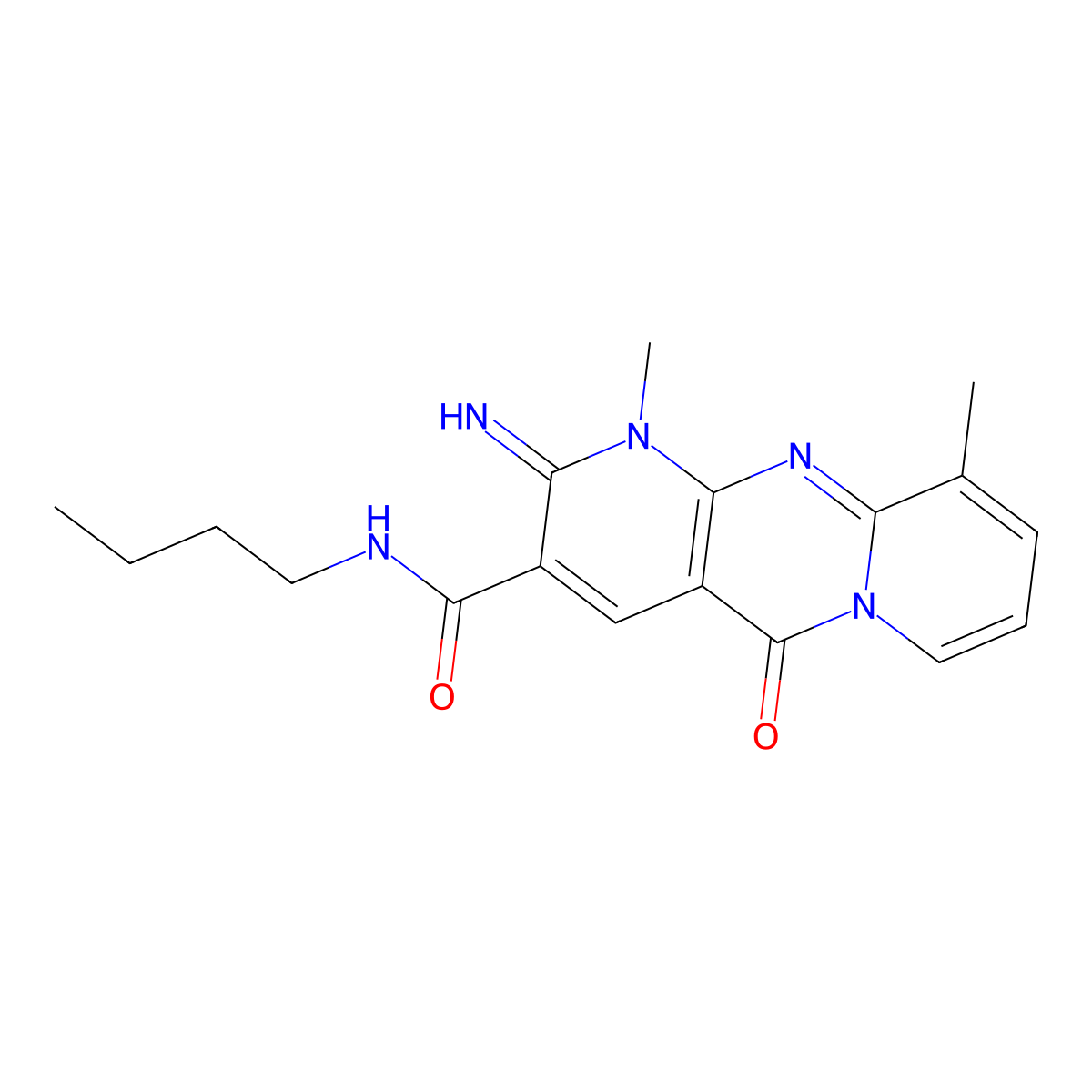 N-butyl-6-imino-7,11-dimethyl-2-oxo-1,7,9-triazatricyclo[8.4.0.0^{3,8}]tetradeca-3(8),4,9,11,13-pentaene-5-carboxamide molecular structure, CAS 844653-19-6
