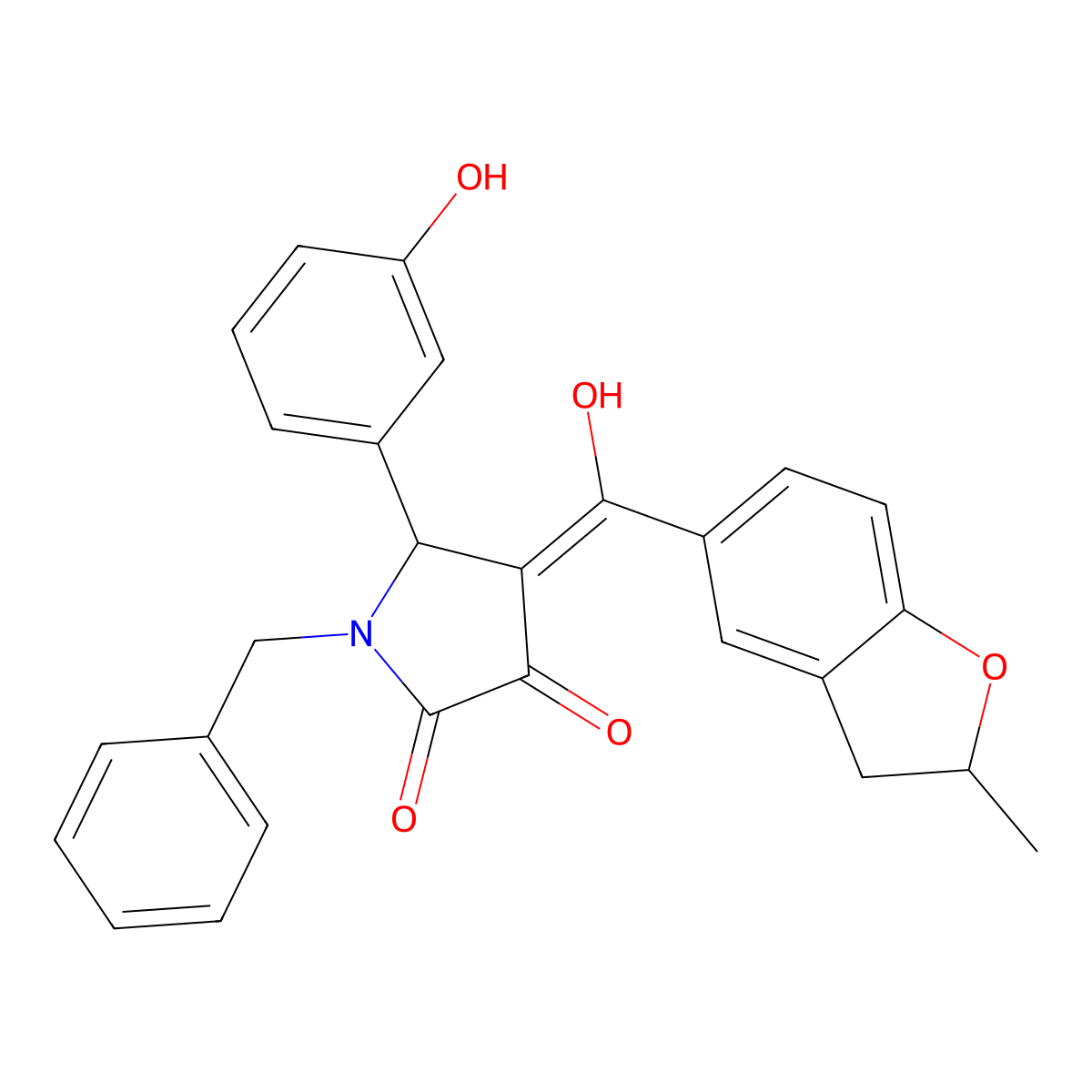 1-benzyl-3-hydroxy-5-(3-hydroxyphenyl)-4-(2-methyl-2,3-dihydro-1-benzofuran-5-carbonyl)-2,5-dihydro-1H-pyrrol-2-one molecular structure, CAS 844653-55-0