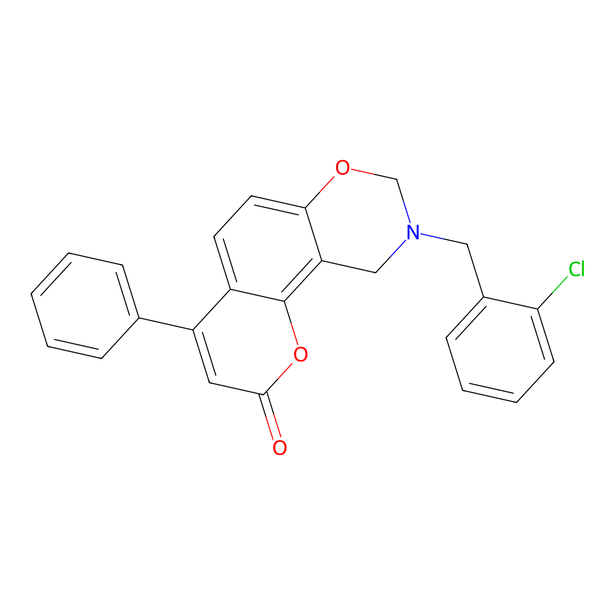 9-(2-chlorobenzyl)-4-phenyl-9,10-dihydro-2H,8H-chromeno[8,7-e][1,3]oxazin-2-one molecular structure, CAS 844656-06-0