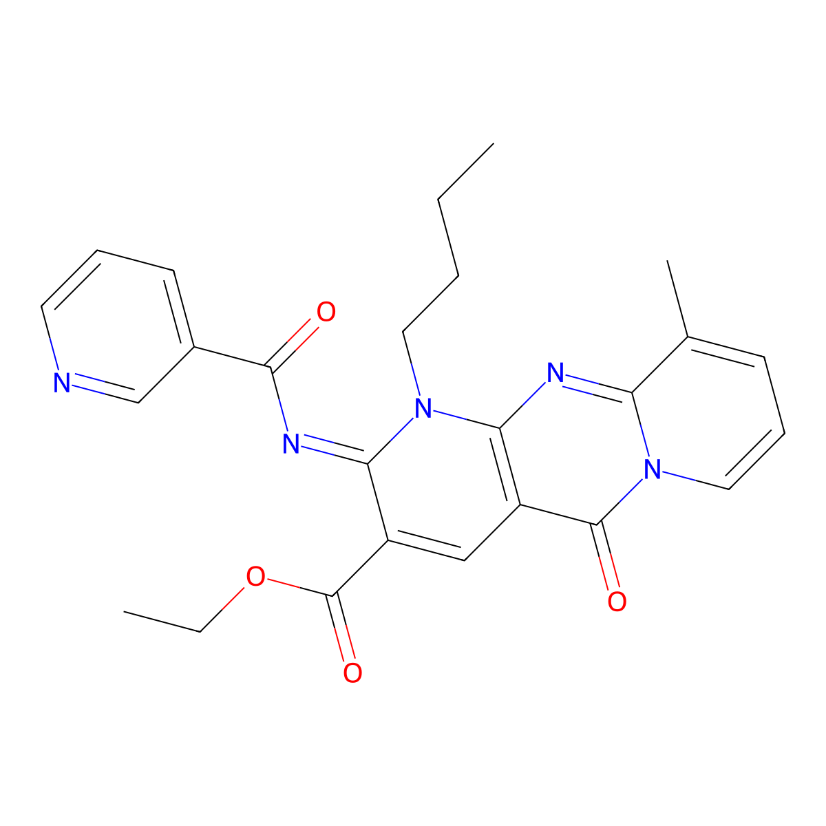 ethyl 1-butyl-10-methyl-5-oxo-2-[(3-pyridinylcarbonyl)imino]-1,5-dihydro-2H-dipyrido[1,2-a:2,3-d]pyrimidine-3-carboxylate molecular structure, CAS 844656-41-3