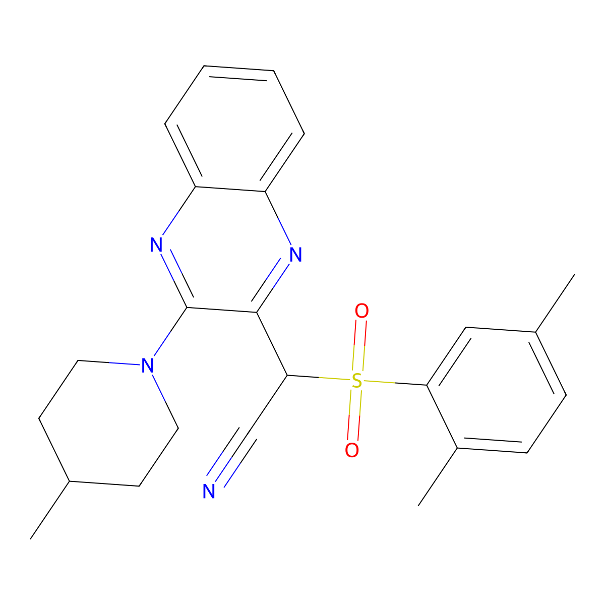 2-((2,5-Dimethylphenyl)sulfonyl)-2-(3-(4-methylpiperidin-1-yl)quinoxalin-2-yl)acetonitrile molecular structure, CAS 844659-77-4