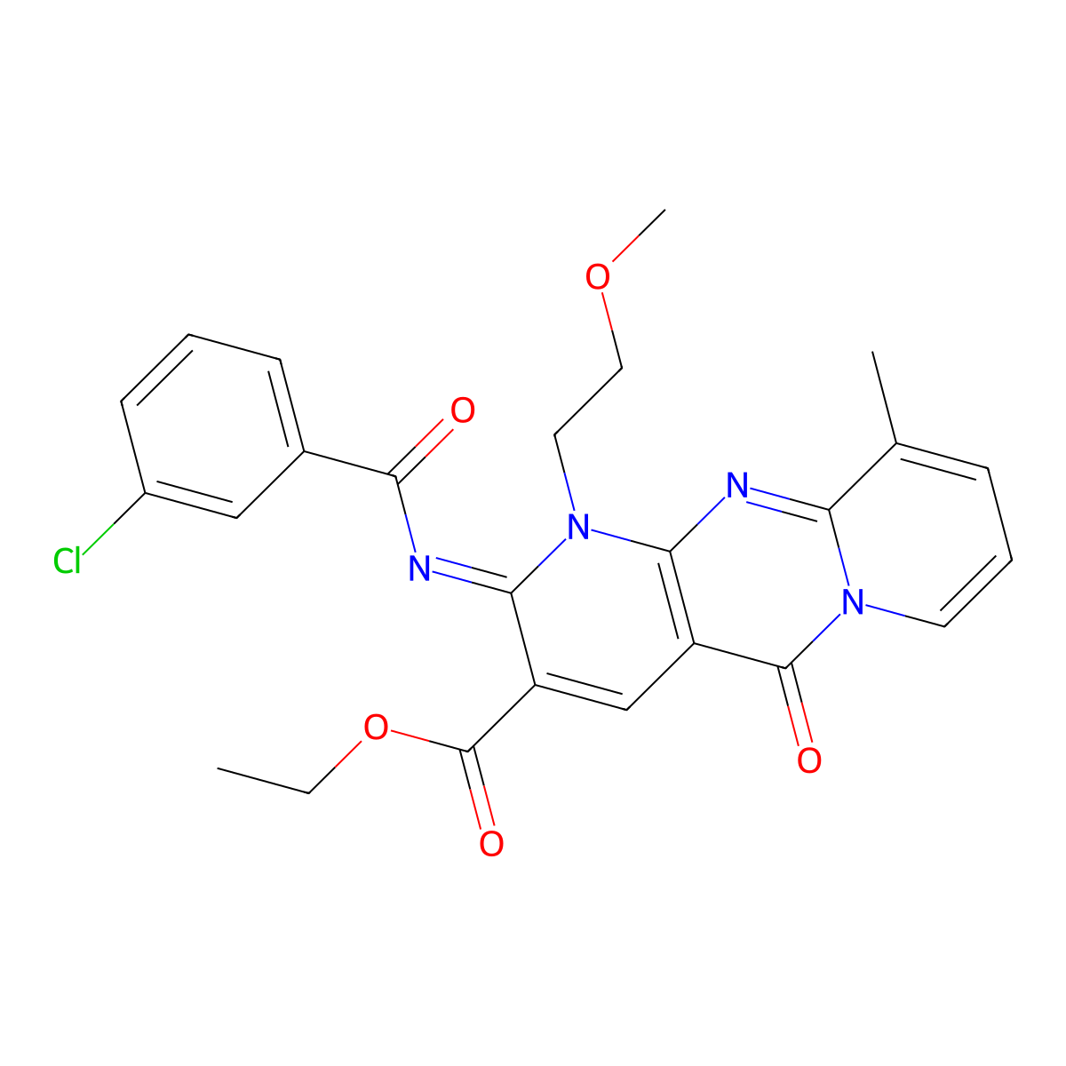 ethyl 2-[(3-chlorobenzoyl)imino]-1-(2-methoxyethyl)-10-methyl-5-oxo-1,5-dihydro-2H-dipyrido[1,2-a:2,3-d]pyrimidine-3-carboxylate molecular structure, CAS 844659-84-3