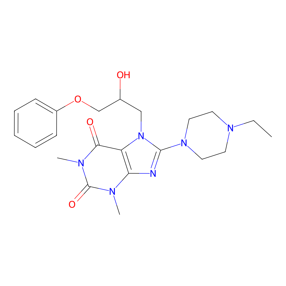 8-(4-ethylpiperazin-1-yl)-7-(2-hydroxy-3-phenoxypropyl)-1,3-dimethyl-1H-purine-2,6(3H,7H)-dione molecular structure, CAS 844660-77-1