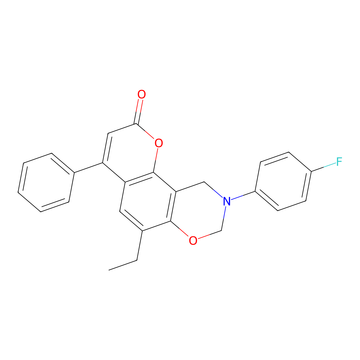 6-ethyl-9-(4-fluorophenyl)-4-phenyl-9,10-dihydro-2H,8H-chromeno[8,7-e][1,3]oxazin-2-one molecular structure, CAS 844662-31-3
