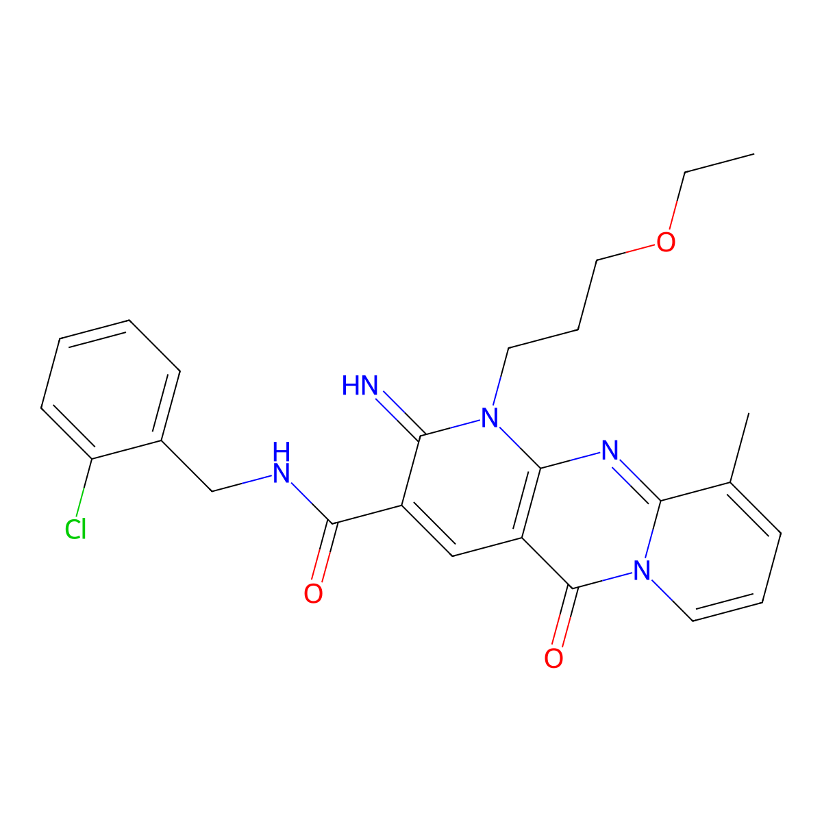 N-[(2-Chlorophenyl)methyl]-7-(3-ethoxypropyl)-6-imino-11-methyl-2-oxo-1,7,9-triazatricyclo[8.4.0.03,8]tetradeca-3(8),4,9,11,13-pentaene-5-carboxamide molecular structure, CAS 844662-41-5