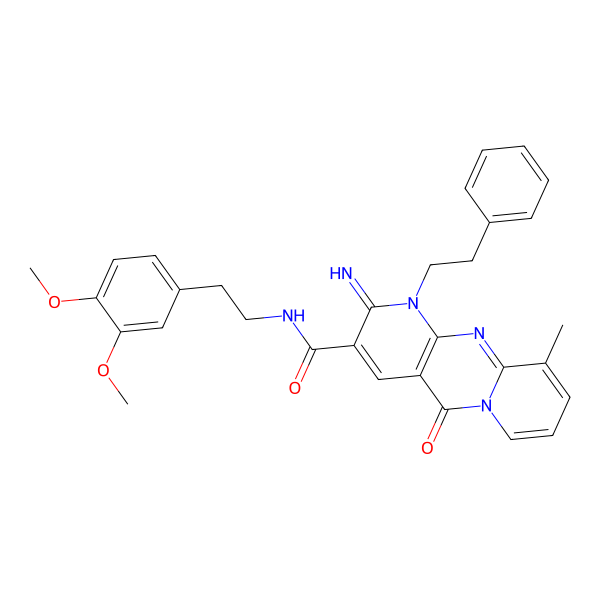 N-[2-(3,4-dimethoxyphenyl)ethyl]-2-imino-10-methyl-5-oxo-1-(2-phenylethyl)-1,5-dihydro-2H-dipyrido[1,2-a:2',3'-d]pyrimidine-3-carboxamide molecular structure, CAS 844663-77-0