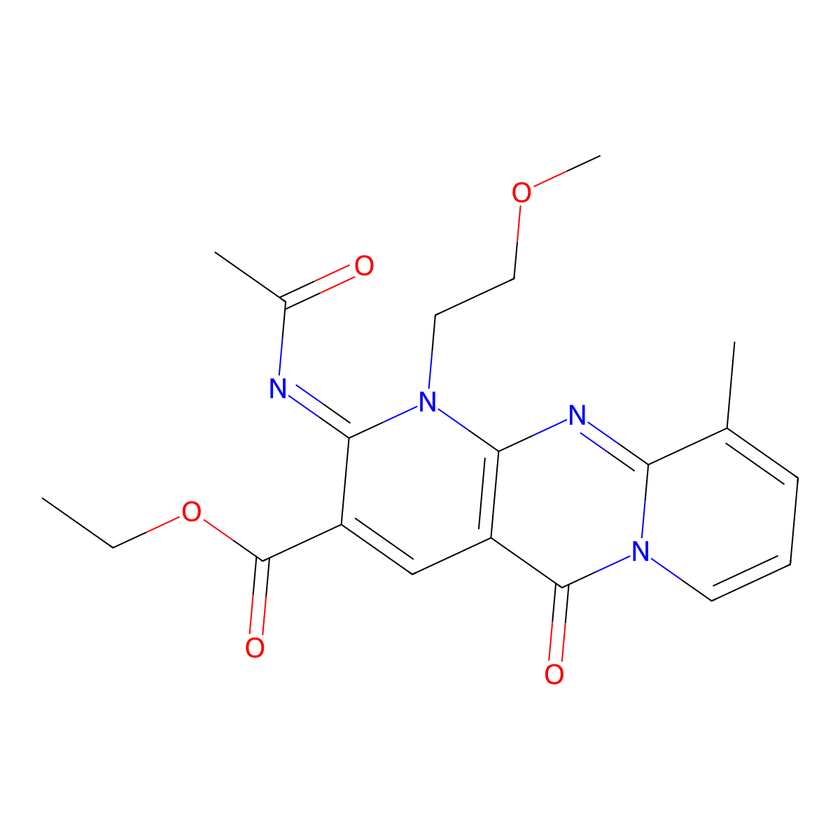 (Z)-ethyl 2-(acetylimino)-1-(2-methoxyethyl)-10-methyl-5-oxo-2,5-dihydro-1H-dipyrido[1,2-a:2',3'-d]pyrimidine-3-carboxylate molecular structure, CAS 844664-36-4