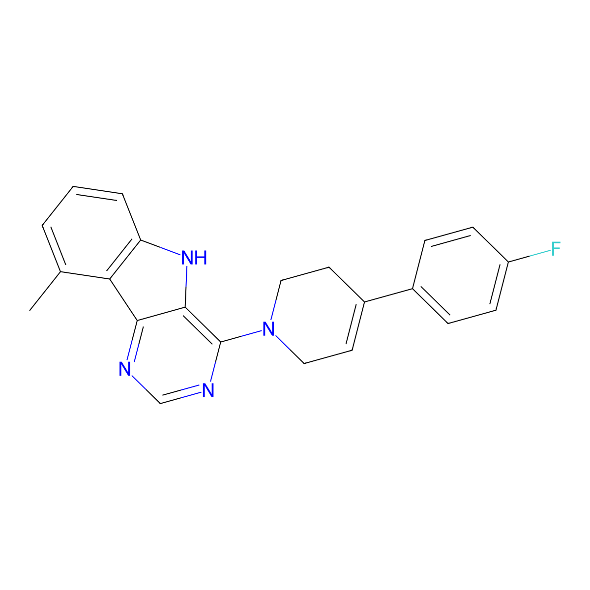 4-[4-(4-fluorophenyl)-3,6-dihydro-2H-pyridin-1-yl]-9-methyl-5H-pyrimido[5,4-b]indole molecular structure, CAS 844822-16-8