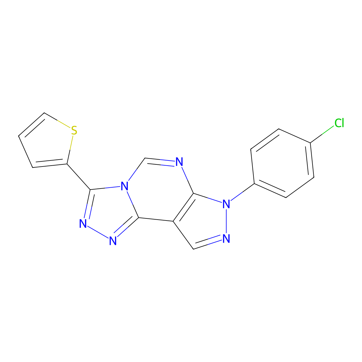 2-[3-(4-Chlorophenyl)-6-hydropyrazolo[5,4-d]1,2,4-triazolo[4,5-e]pyrimidin-7-y l]thiophene molecular structure, CAS 844824-52-8