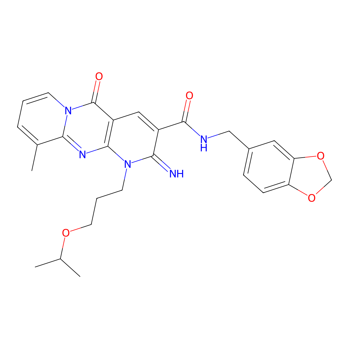 N-(1,3-benzodioxol-5-ylmethyl)-2-imino-10-methyl-5-oxo-1-[3-(propan-2-yloxy)propyl]-1,5-dihydro-2H-dipyrido[1,2-a:2',3'-d]pyrimidine-3-carboxamide molecular structure, CAS 844824-89-1