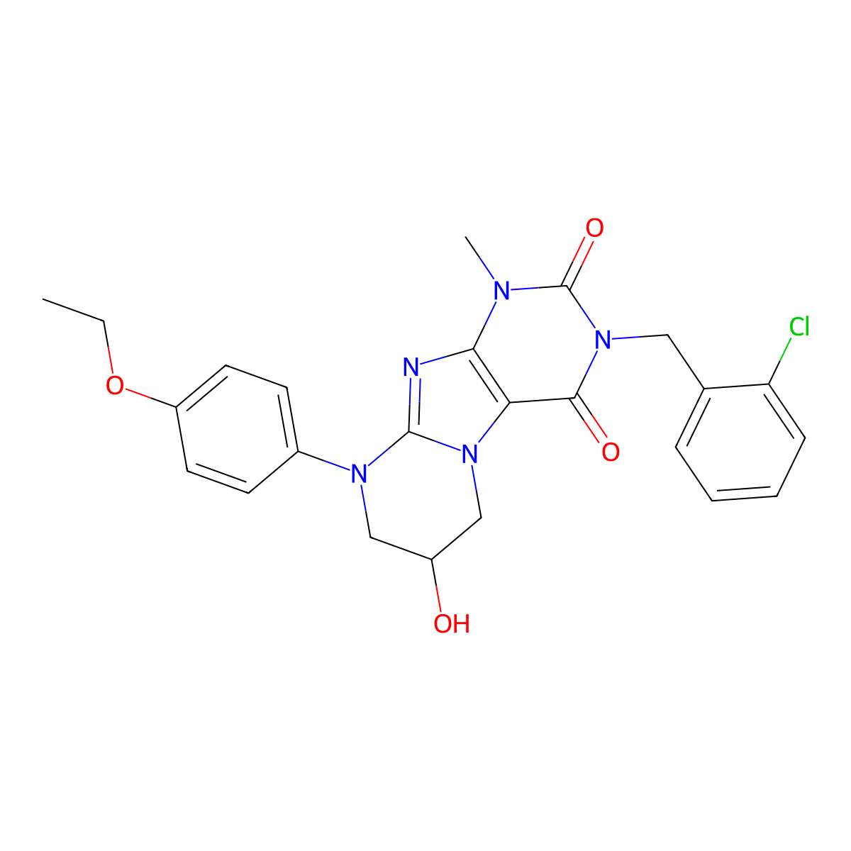 3-(2-chlorobenzyl)-9-(4-ethoxyphenyl)-7-hydroxy-1-methyl-6,7,8,9-tetrahydropyrimido[2,1-f]purine-2,4(1H,3H)-dione molecular structure, CAS 844824-92-6
