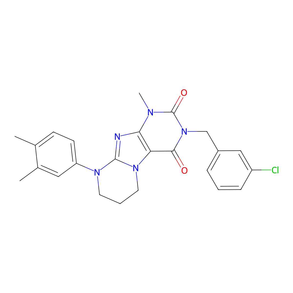 3-(3-chlorobenzyl)-9-(3,4-dimethylphenyl)-1-methyl-6,7,8,9-tetrahydropyrimido[2,1-f]purine-2,4(1H,3H)-dione molecular structure, CAS 844825-03-2