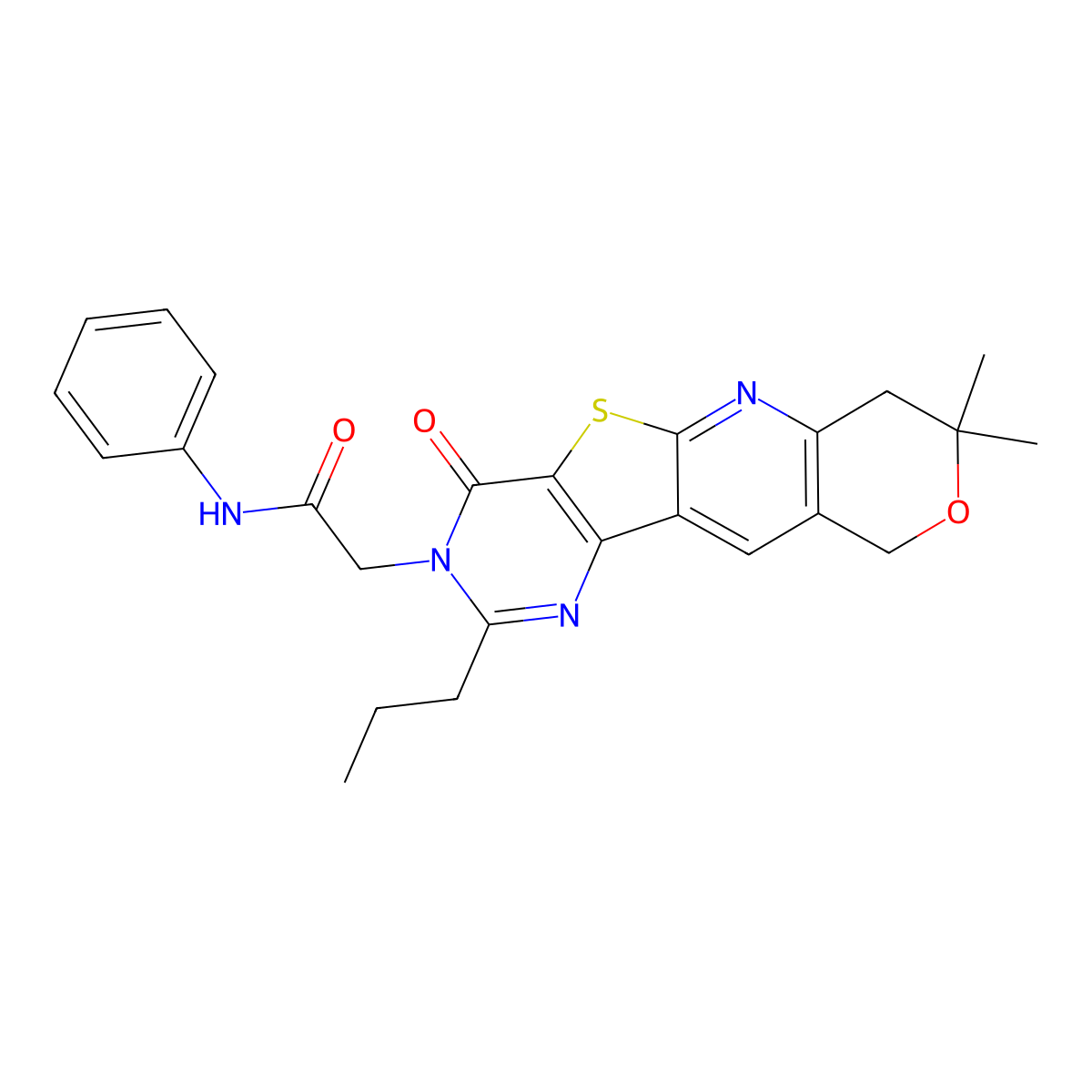 2-(8,8-dimethyl-4-oxo-2-propyl-4,7,8,10-tetrahydro-3H-pyrano[3'',4'':5',6']pyrido[3',2':4,5]thieno[3,2-d]pyrimidin-3-yl)-N-phenylacetamide molecular structure, CAS 844825-41-8