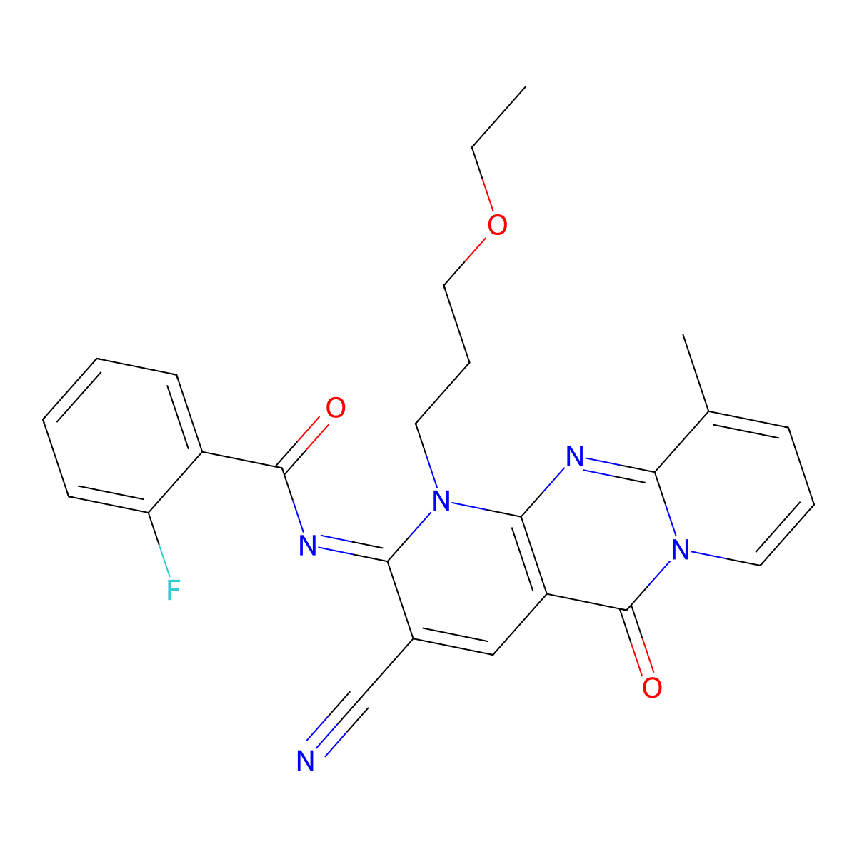 (E)-N-(3-cyano-1-(3-ethoxypropyl)-10-methyl-5-oxo-1H-dipyrido[1,2-a:2',3'-d]pyrimidin-2(5H)-ylidene)-2-fluorobenzamide molecular structure, CAS 844825-66-7