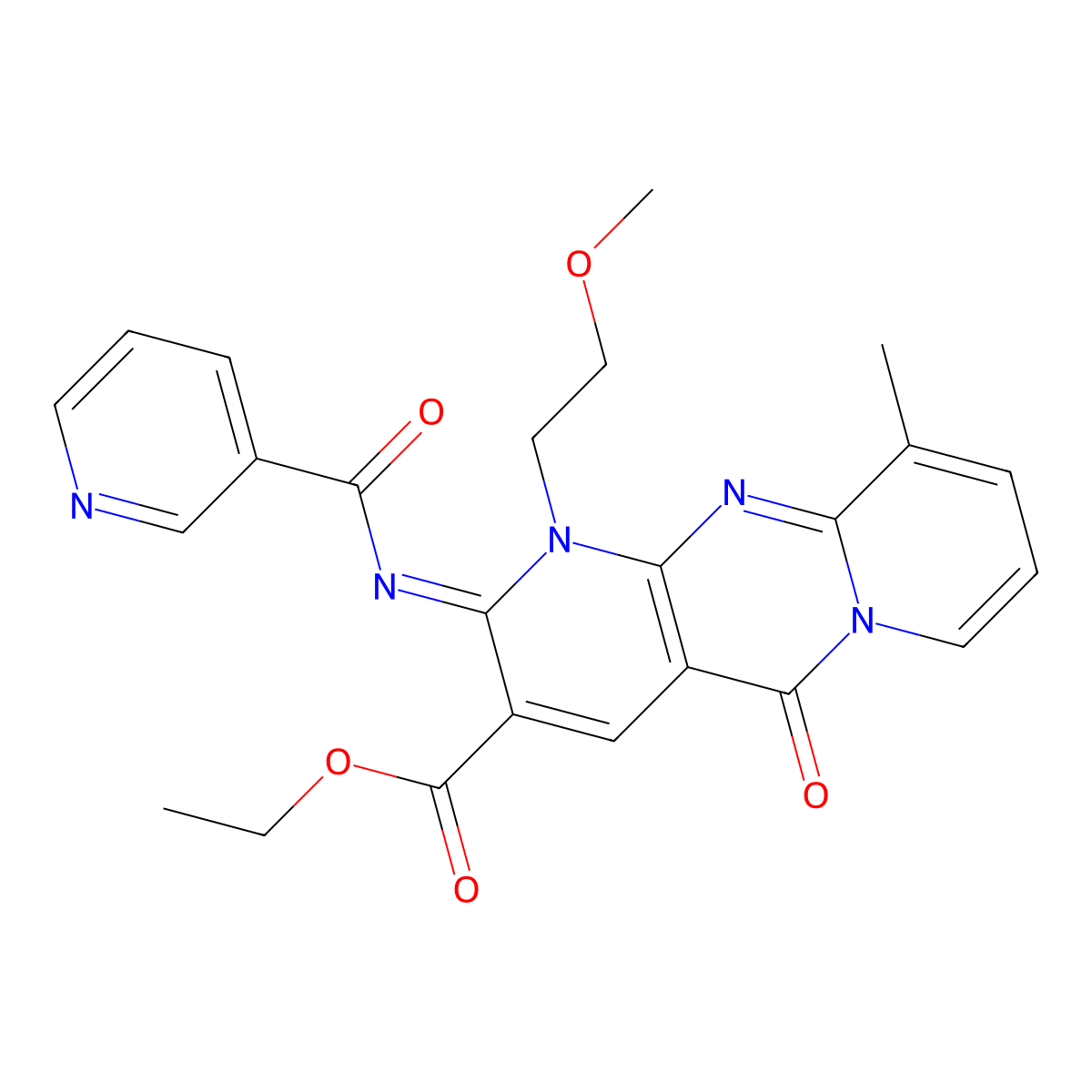ethyl 1-(2-methoxyethyl)-10-methyl-5-oxo-2-[(3-pyridinylcarbonyl)imino]-1,5-dihydro-2H-dipyrido[1,2-a:2,3-d]pyrimidine-3-carboxylate molecular structure, CAS 844825-93-0
