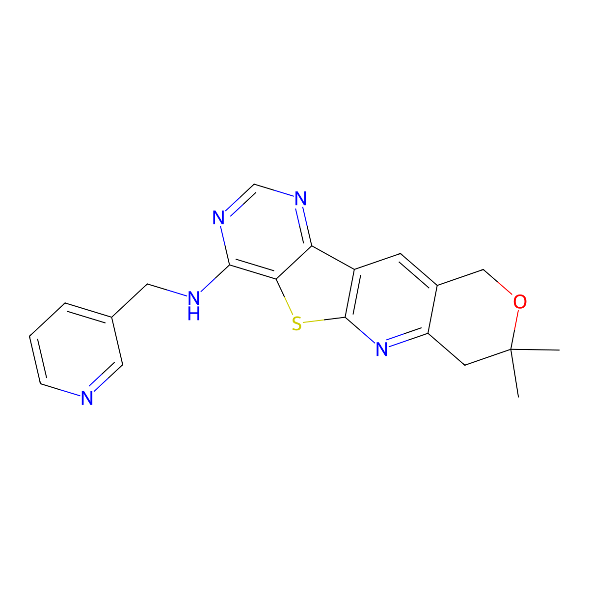 8,8-dimethyl-N-(pyridin-3-ylmethyl)-8,10-dihydro-7H-pyrano[3'',4'':5',6']pyrido[3',2':4,5]thieno[3,2-d]pyrimidin-4-amine molecular structure, CAS 844826-66-0
