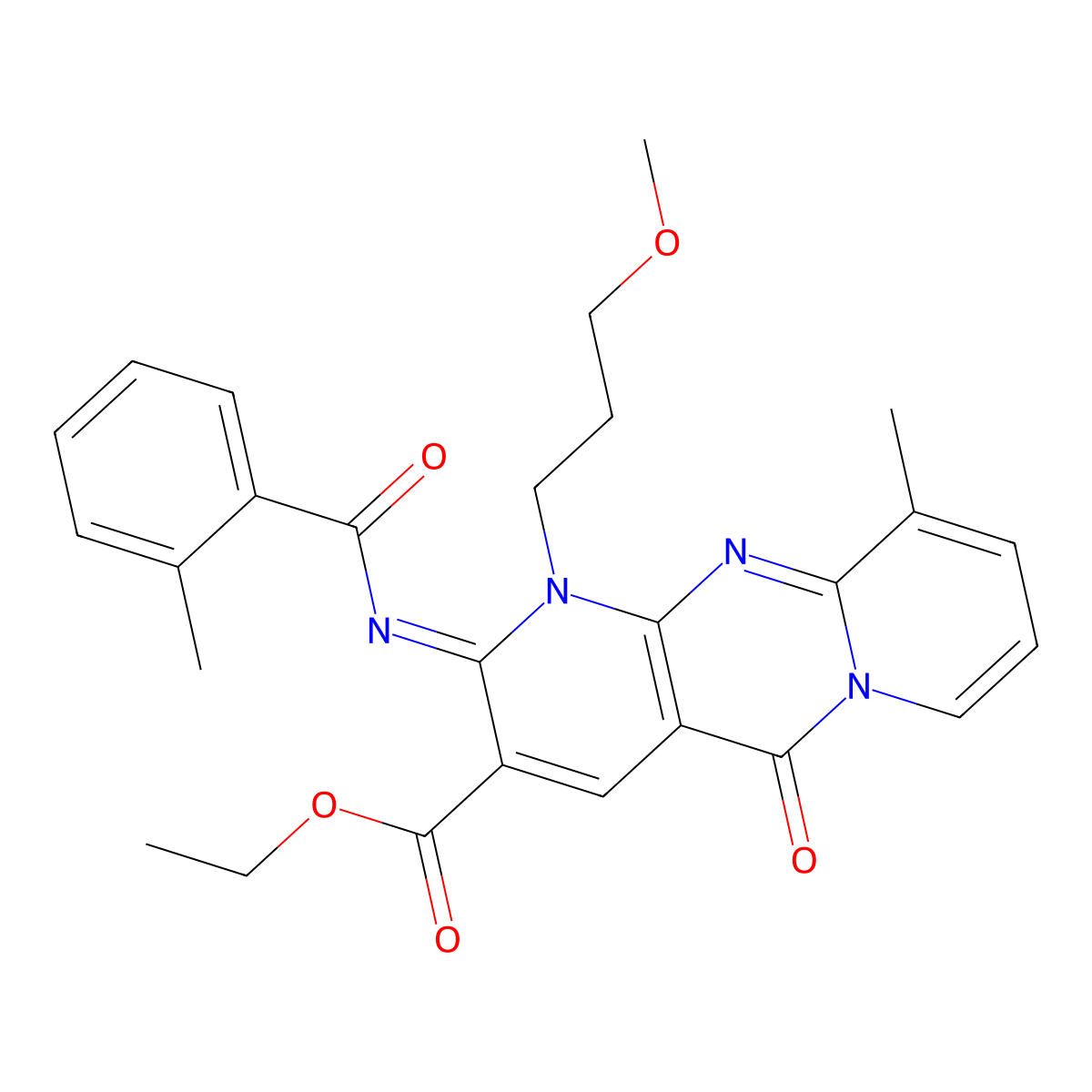 (Z)-ethyl 1-(3-methoxypropyl)-10-methyl-2-((2-methylbenzoyl)imino)-5-oxo-2,5-dihydro-1H-dipyrido[1,2-a:2',3'-d]pyrimidine-3-carboxylate molecular structure, CAS 844827-72-1
