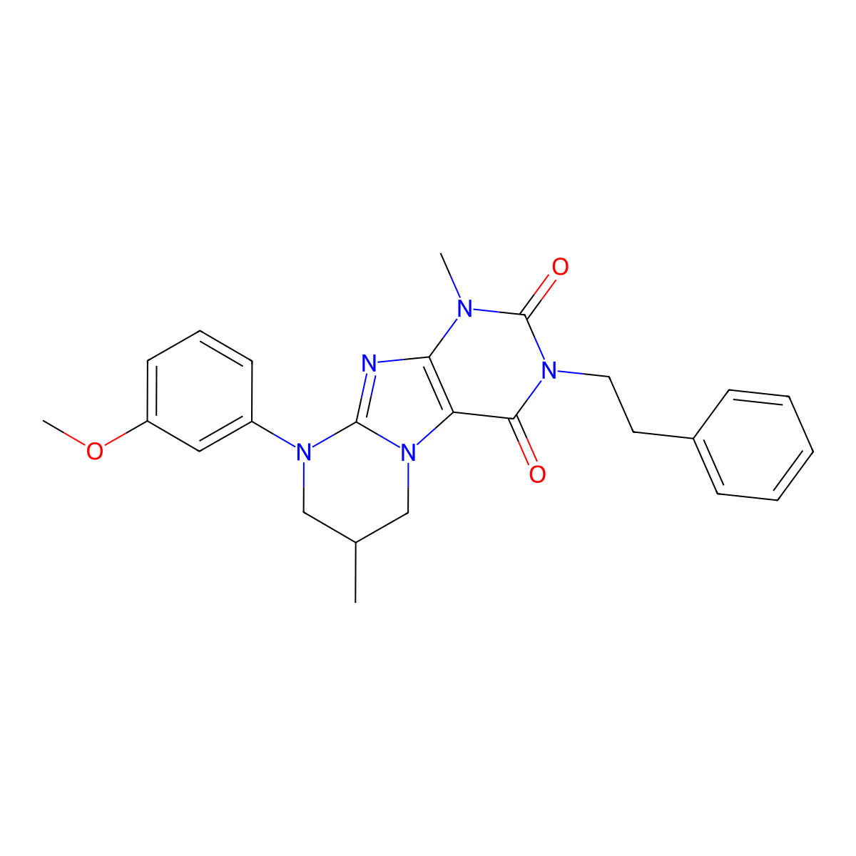 9-(3-methoxyphenyl)-1,7-dimethyl-3-phenethyl-6,7,8,9-tetrahydropyrimido[2,1-f]purine-2,4(1H,3H)-dione molecular structure, CAS 844828-57-5
