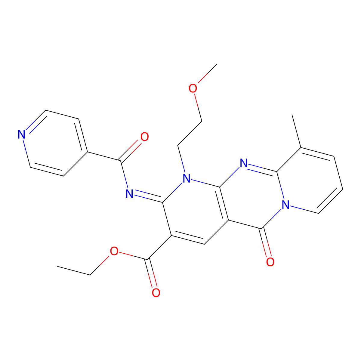 ethyl 2-(isonicotinoylimino)-1-(2-methoxyethyl)-10-methyl-5-oxo-1,5-dihydro-2H-dipyrido[1,2-a:2,3-d]pyrimidine-3-carboxylate molecular structure, CAS 844829-50-1