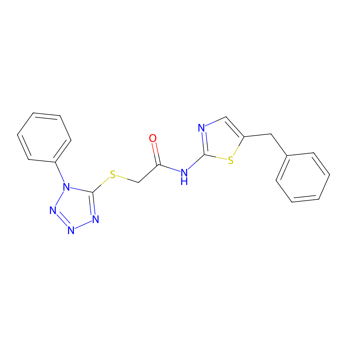 N-(5-benzyl-1,3-thiazol-2-yl)-2-[(1-phenyl-1H-tetrazol-5-yl)sulfanyl]acetamide molecular structure, CAS 844830-36-0