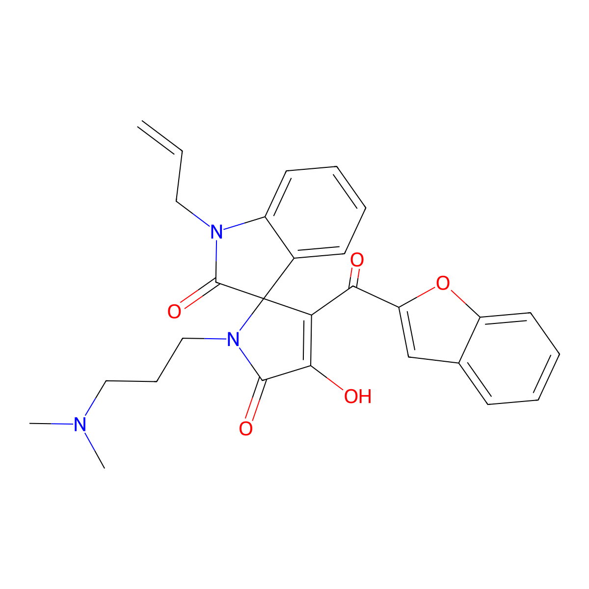 1-allyl-3'-(1-benzofuran-2-ylcarbonyl)-1'-[3-(dimethylamino)propyl]-4'-hydroxyspiro[indole-3,2'-pyrrole]-2,5'(1{H},1'{H})-dione molecular structure, CAS 844831-16-9