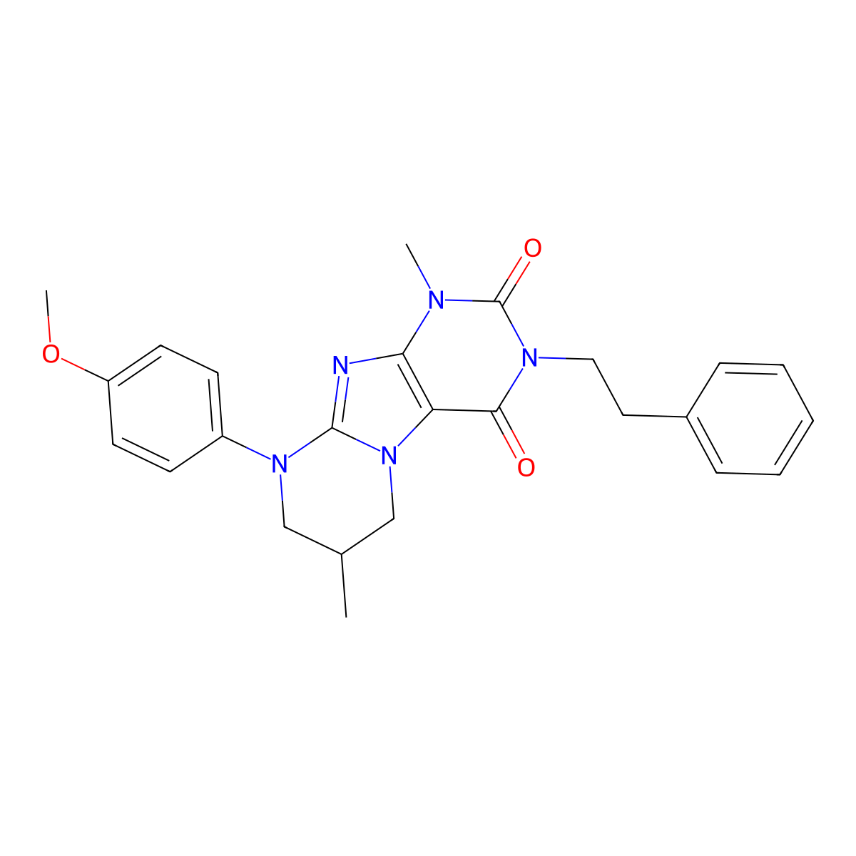 9-(4-methoxyphenyl)-1,7-dimethyl-3-phenethyl-6,7,8,9-tetrahydropyrimido[2,1-f]purine-2,4(1H,3H)-dione molecular structure, CAS 844831-54-5