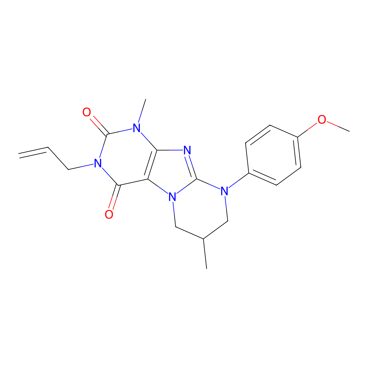 3-allyl-9-(4-methoxyphenyl)-1,7-dimethyl-6,7,8,9-tetrahydropyrimido[2,1-f]purine-2,4(1H,3H)-dione molecular structure, CAS 844832-86-6